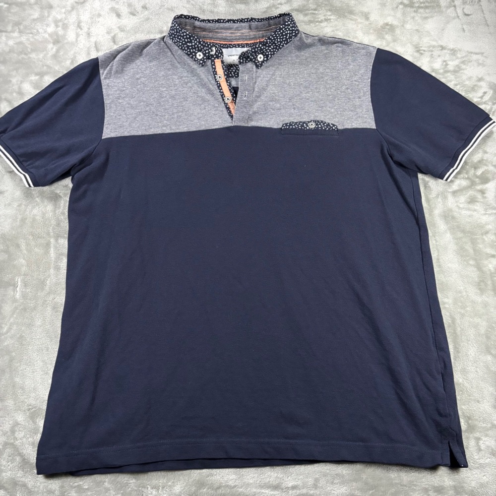 Paperdenim&cloth Mens Large Navy Gray Colorblock Floral Collar Polo DQ918B